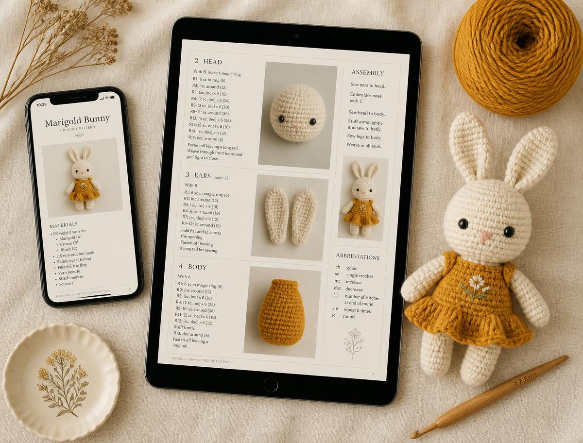 Receita de amigurumi aberta em tablet e celular ao lado de um coelhinho de crochê