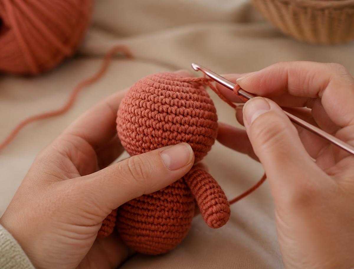 Mãos crochetando um amigurumi com linha terracota