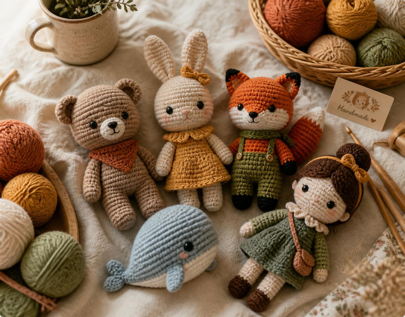 Coleção de amigurumis de crochê feitos à mão sobre uma mesa de ateliê